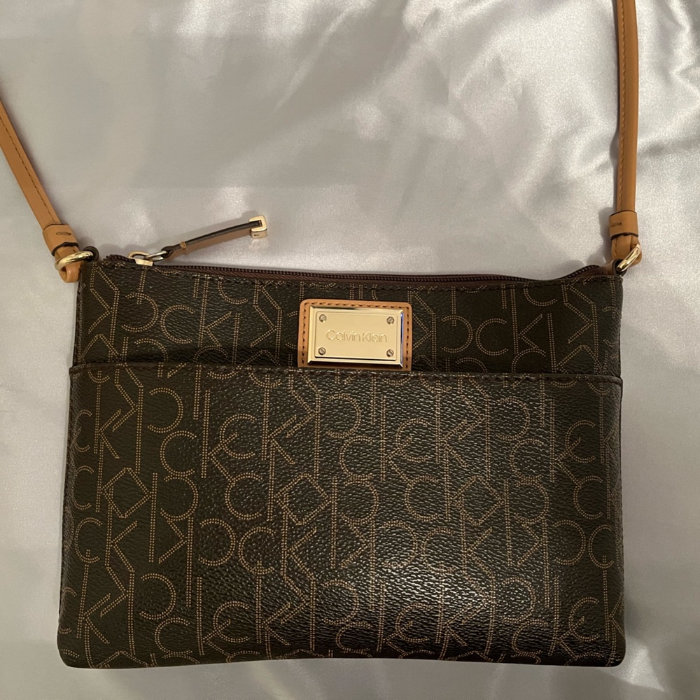 Calvin Klein Leather Crossbody Bag, Brown and Tan